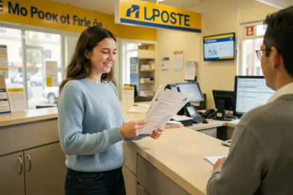 Étudiante récupérant un document imprimé à un guichet de La Poste en France