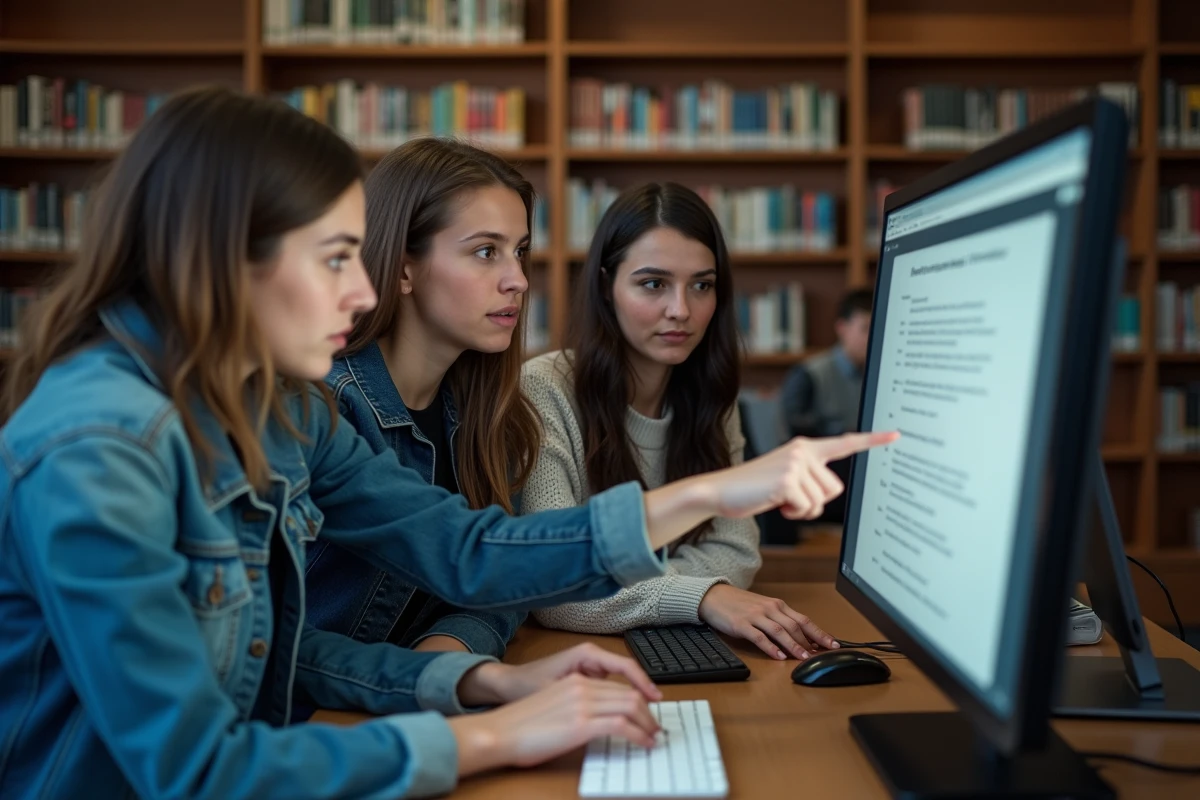 Étudiants utilisant un grand modèle de langage LLM pour des recherches académiques dans une bibliothèque universitaire