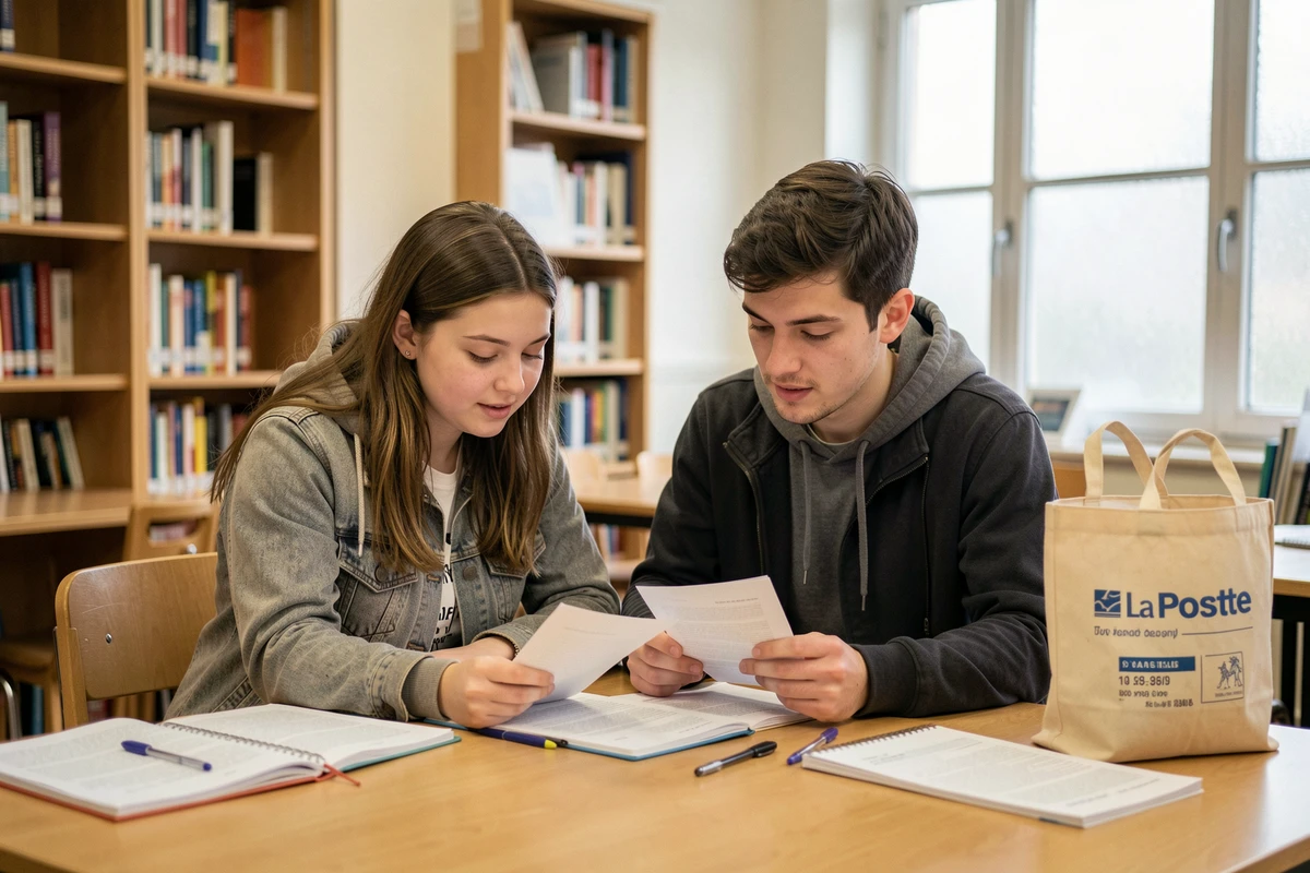 Deux étudiants révisant des documents imprimés à La Poste dans une bibliothèque universitaire