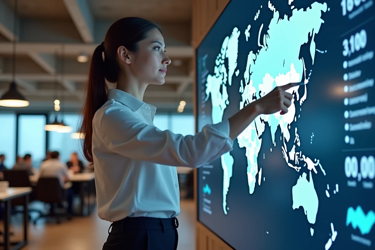 Experte en fiscalité présentant une carte mondiale comparative des systèmes fiscaux devant un écran interactif