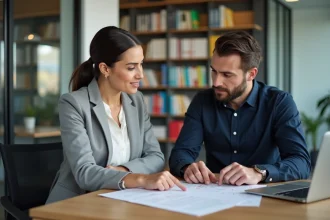 Collègue de travail expliquant la traduction d'un terme allemand à une collaboratrice dans un bureau moderne avec des documents bilingues