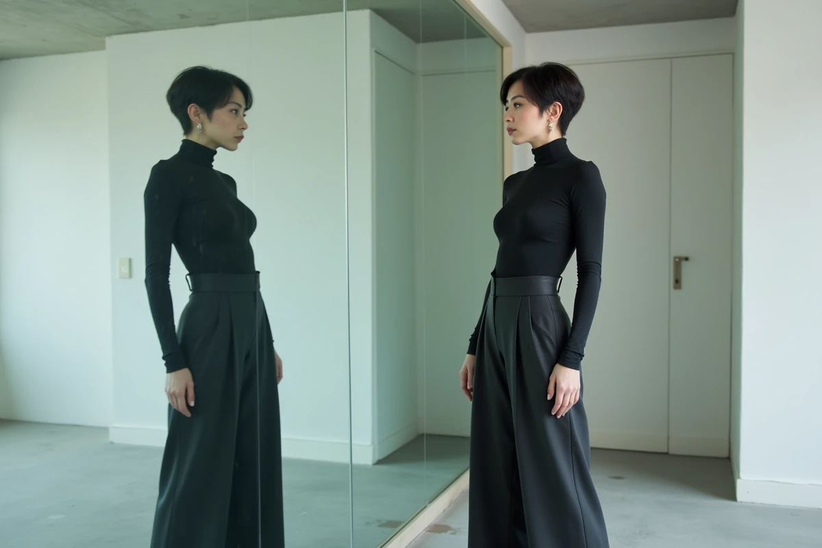 Personne non-binaire se regardant dans un grand miroir dans un loft moderne, exploration de soi et de l'identité de genre néogenre