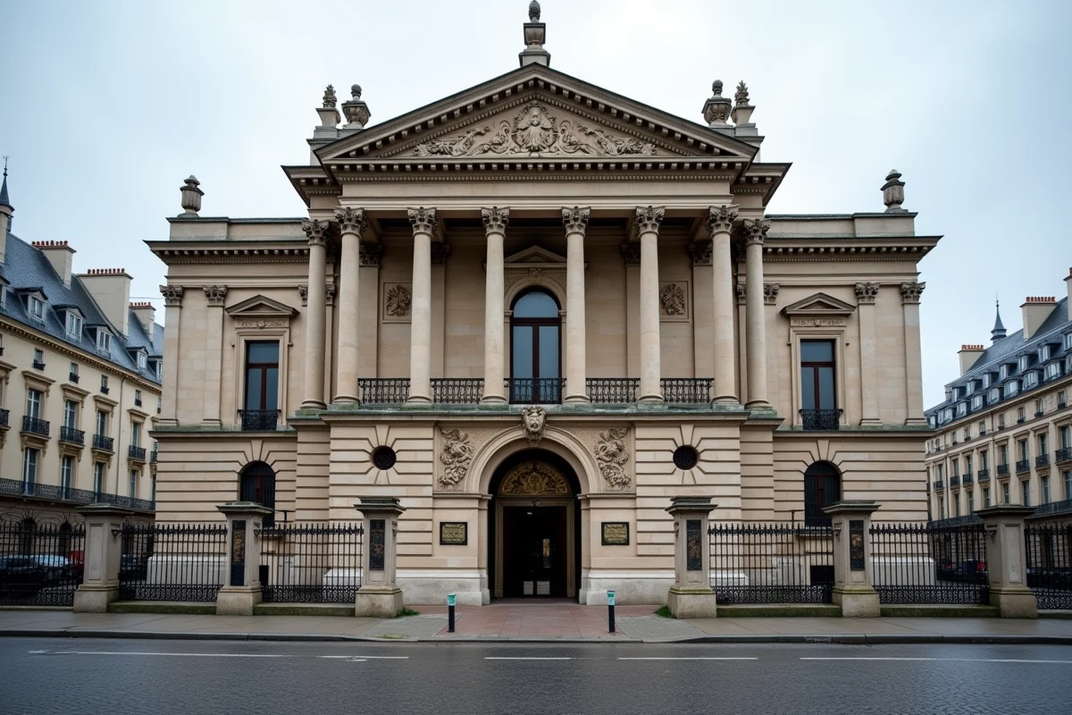 Façade néoclassique d'une institution académique française avec colonnes et entrée en arc, symbole du prestige de l'Académie française