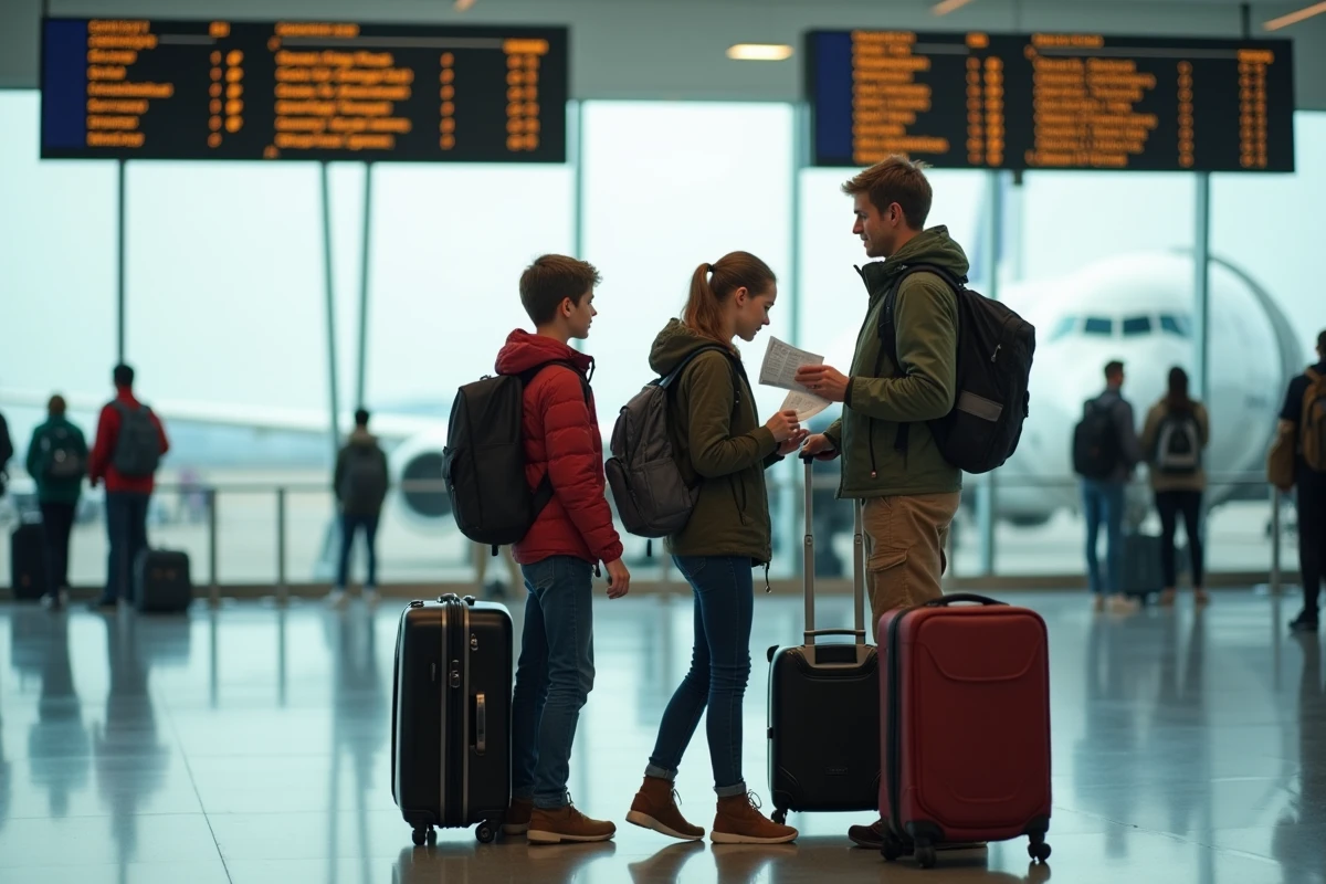 Mère et enfants à l'aéroport prêts pour un tour du monde en famille avec bagages