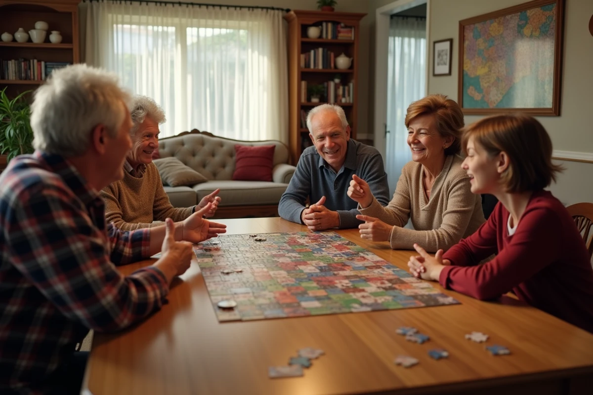 Famille multigénérationnelle réunie autour d'une table en bois pour jouer à des jeux de société dans un salon chaleureux