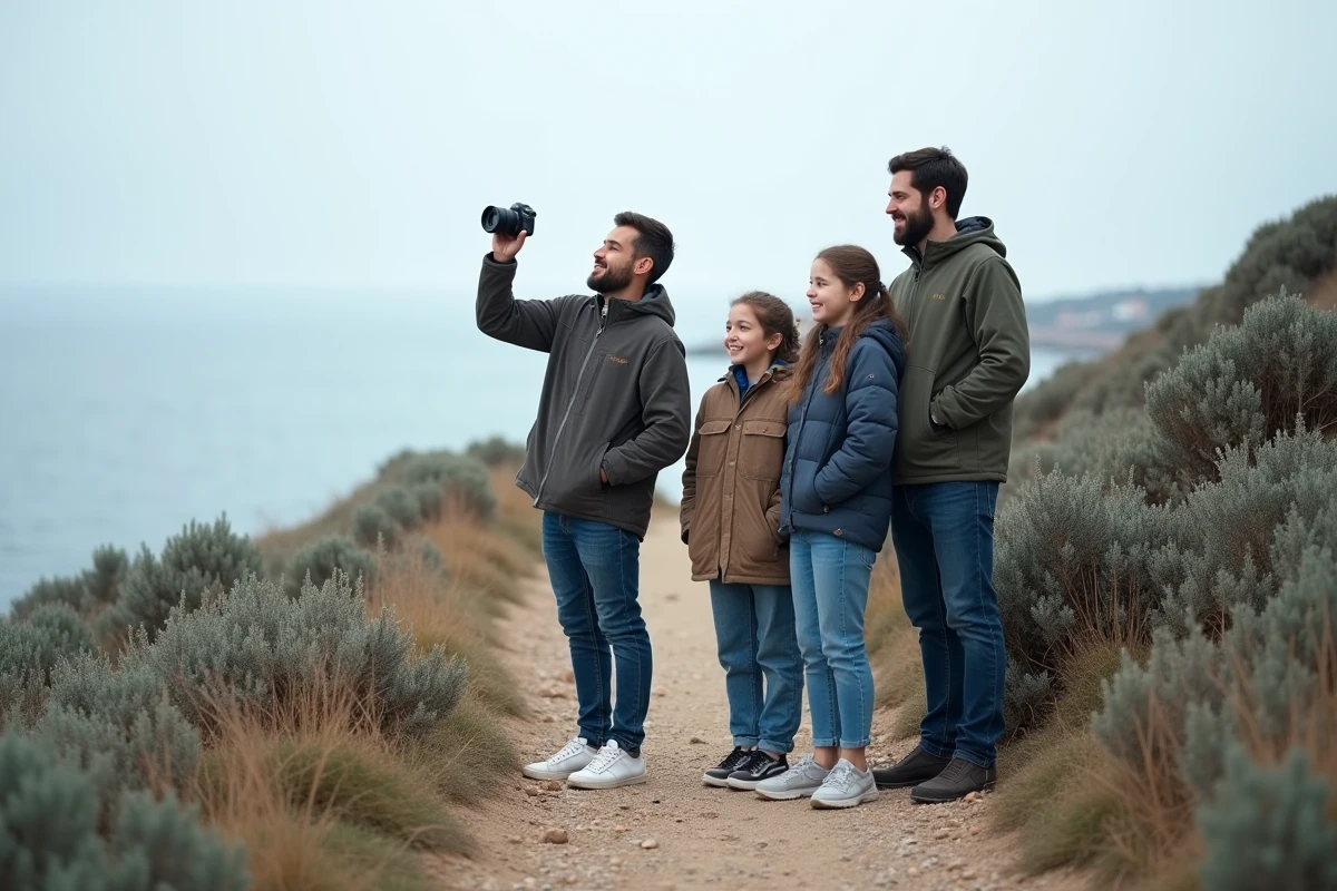 Famille en sortie sur un sentier côtier avec un appareil photo mirrorless, illustrant la photographie familiale en voyage