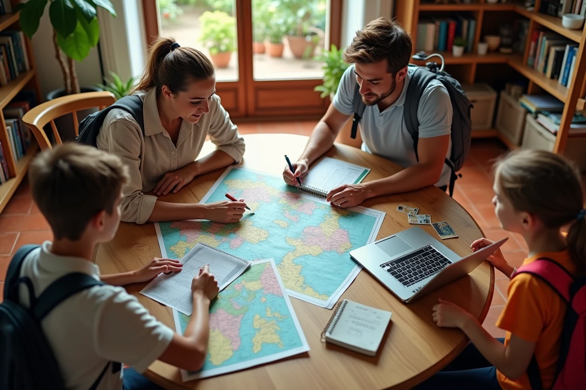 Famille planifiant un tour du monde autour d'une table avec cartes et budget de voyage