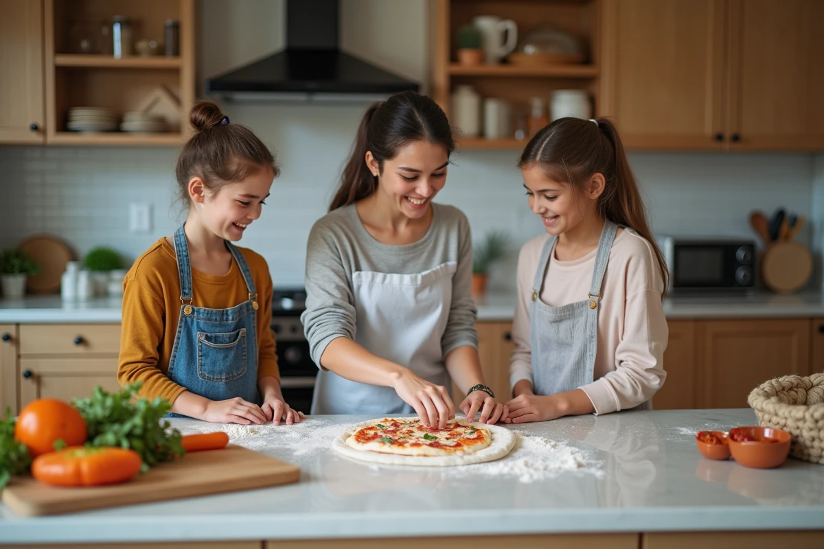 Parent et deux adolescents préparant ensemble une pizza maison dans une cuisine moderne et conviviale