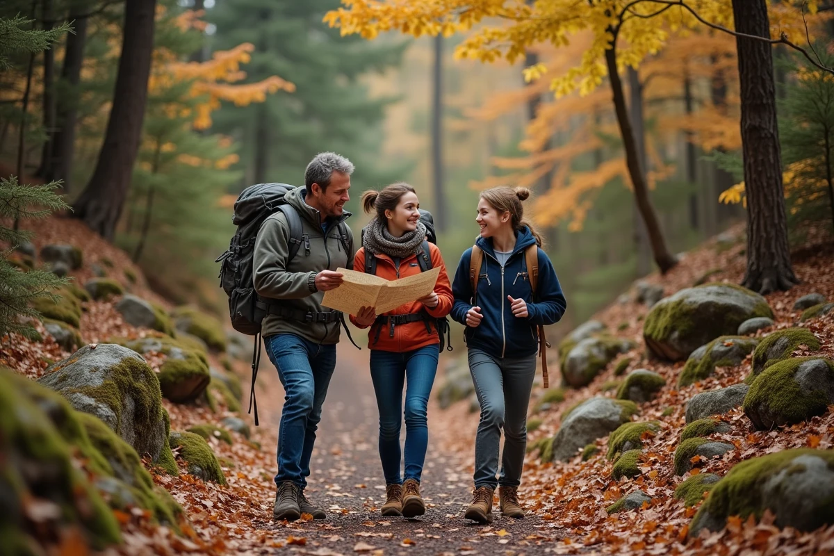 Famille en randonnée sur un sentier forestier en automne, partageant une carte et profitant de la nature ensemble