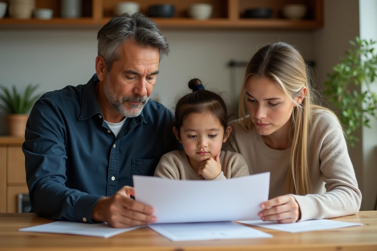 Famille recomposée réunie autour d'un document légal symbolisant l'adoption simple de l'enfant du conjoint