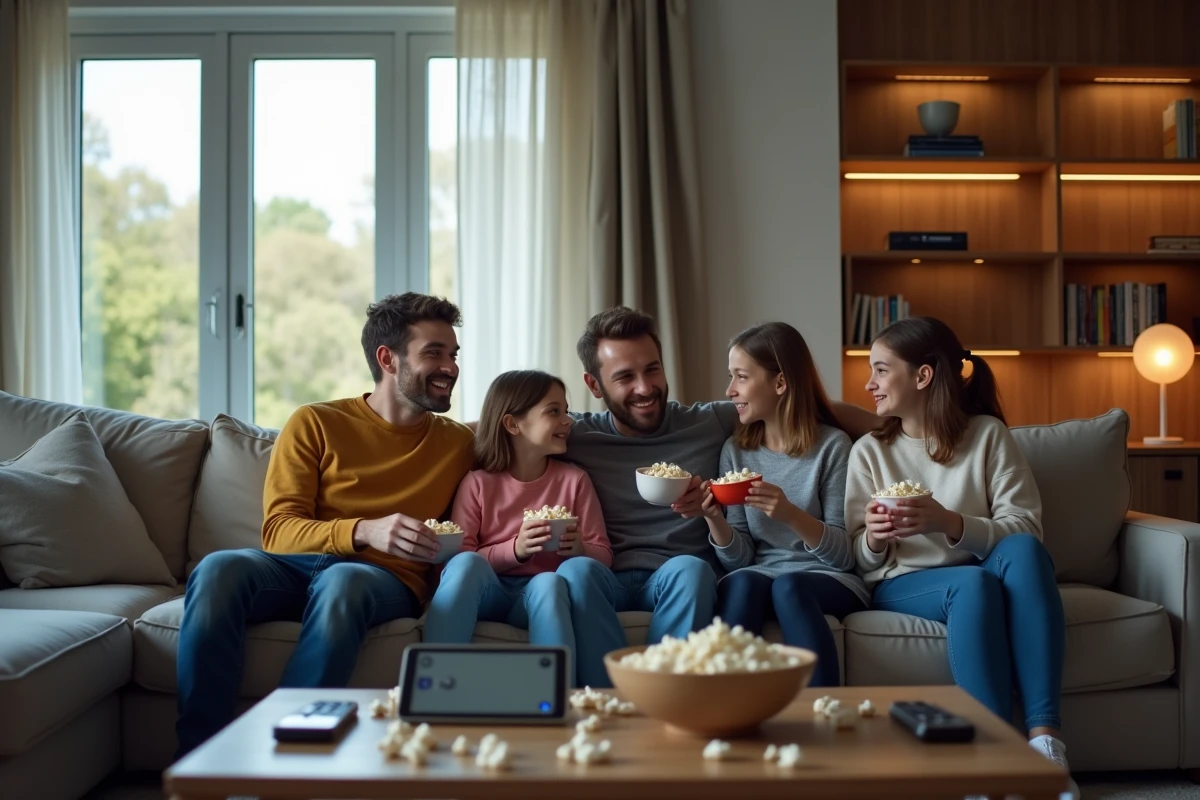 Famille réunie sur le canapé pour regarder Disney en streaming