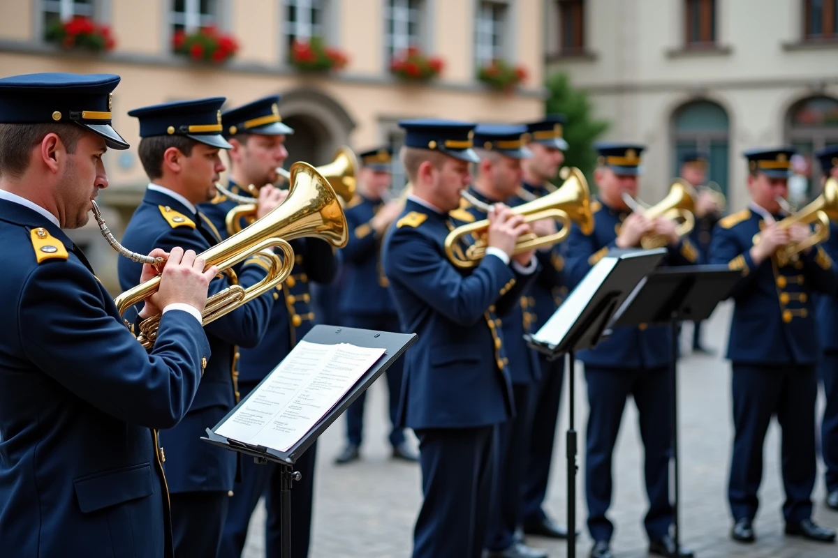 Fanfare en uniforme jouant en plein air sur une place pavée d'une ville alsacienne avec partitions annotées