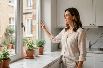 Femme ouvrant une fenêtre dans une cuisine moderne pour aérer et améliorer la qualité de l'air intérieur
