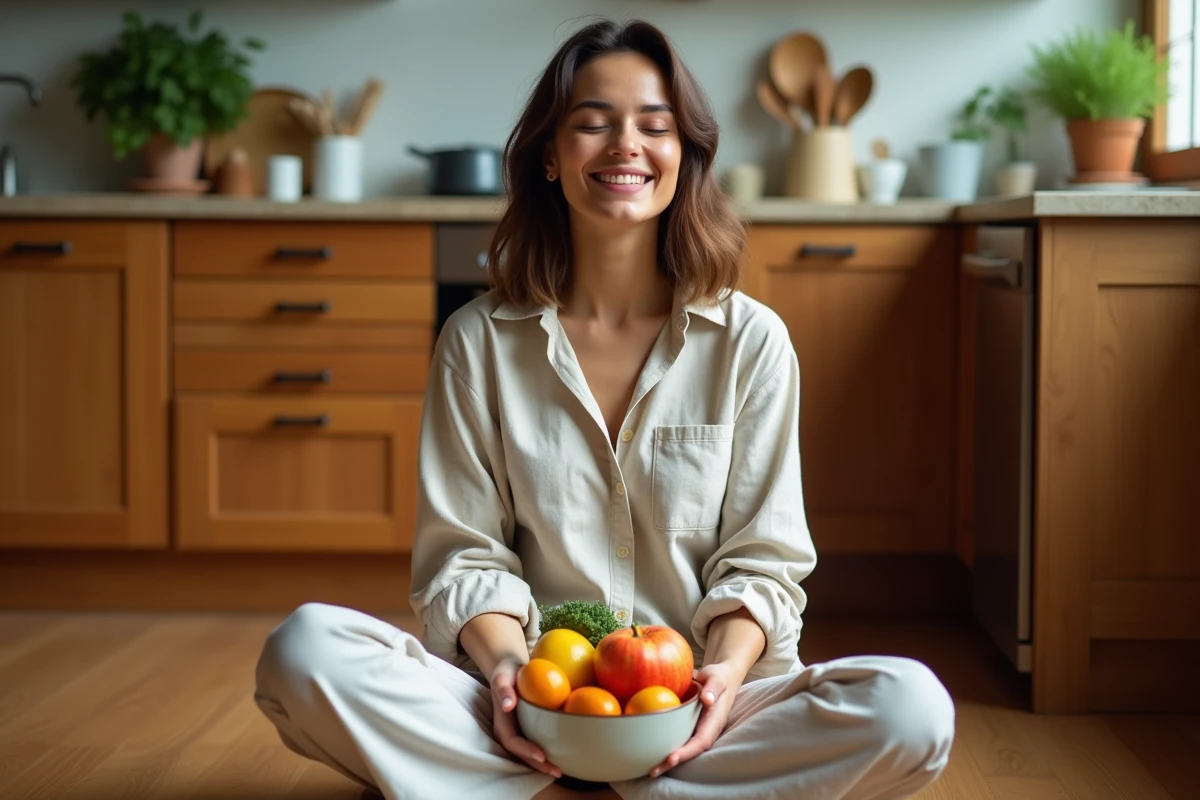 Femme pratiquant l'alimentation intuitive assise sur le sol de sa cuisine avec un bol de fruits frais