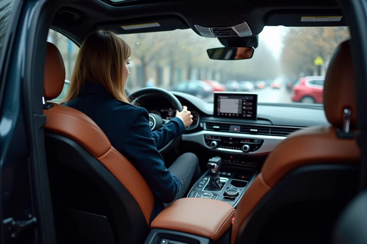 Femme allemande explorant le cockpit numérique d'un Audi Q5 sous la pluie à Stuttgart