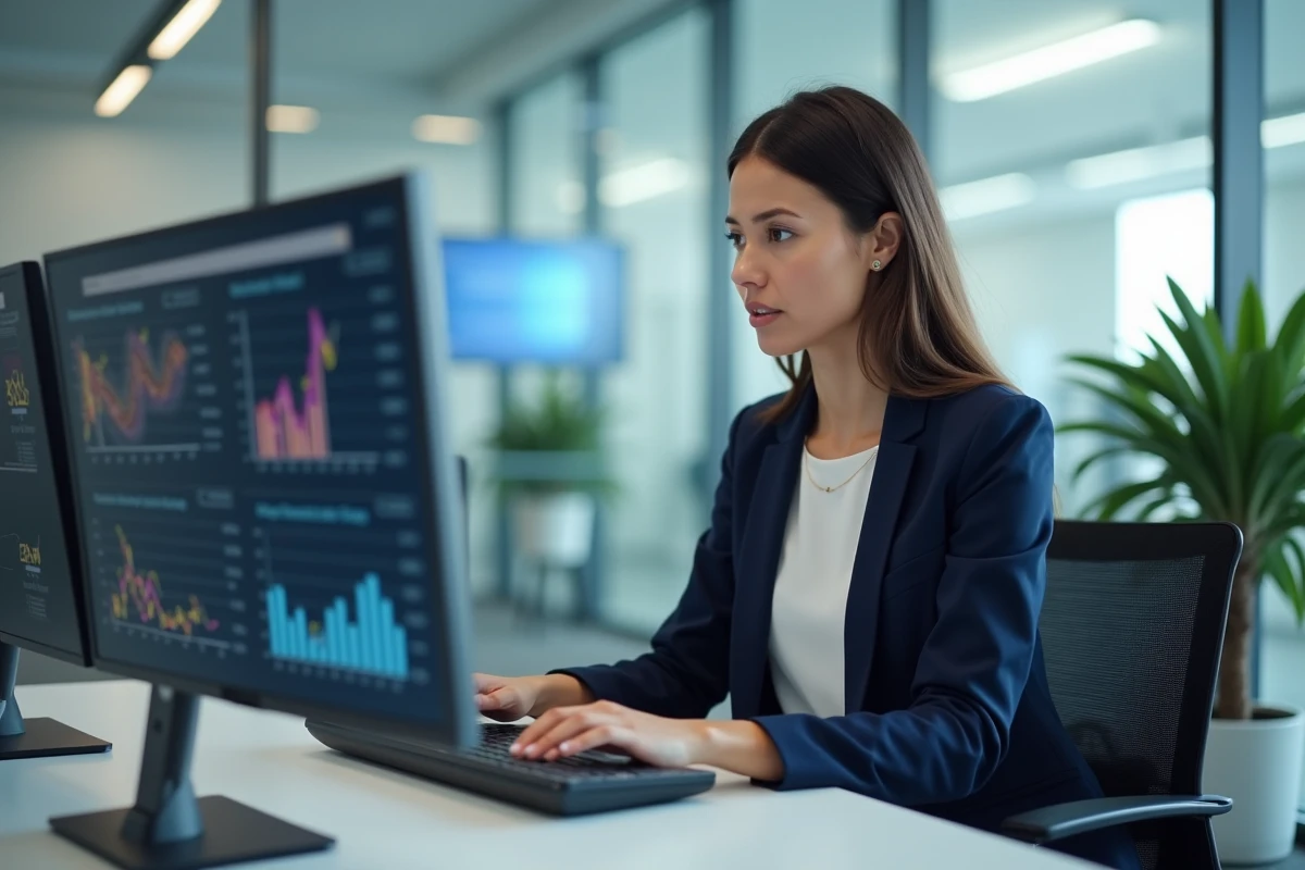 Professionnelle analysant des données marketing générées par intelligence artificielle sur deux écrans dans un bureau moderne