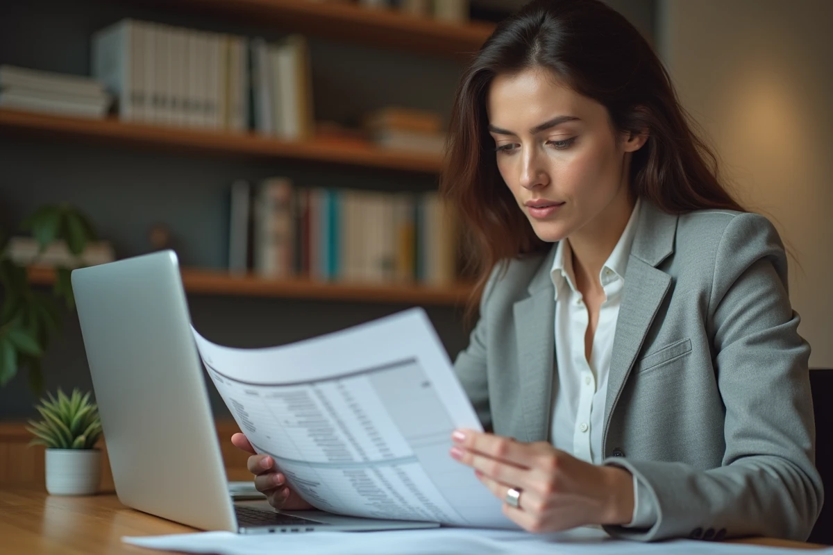 Femme analysant ses relevés bancaires à son bureau pour évaluer la moyenne d'argent sur son compte