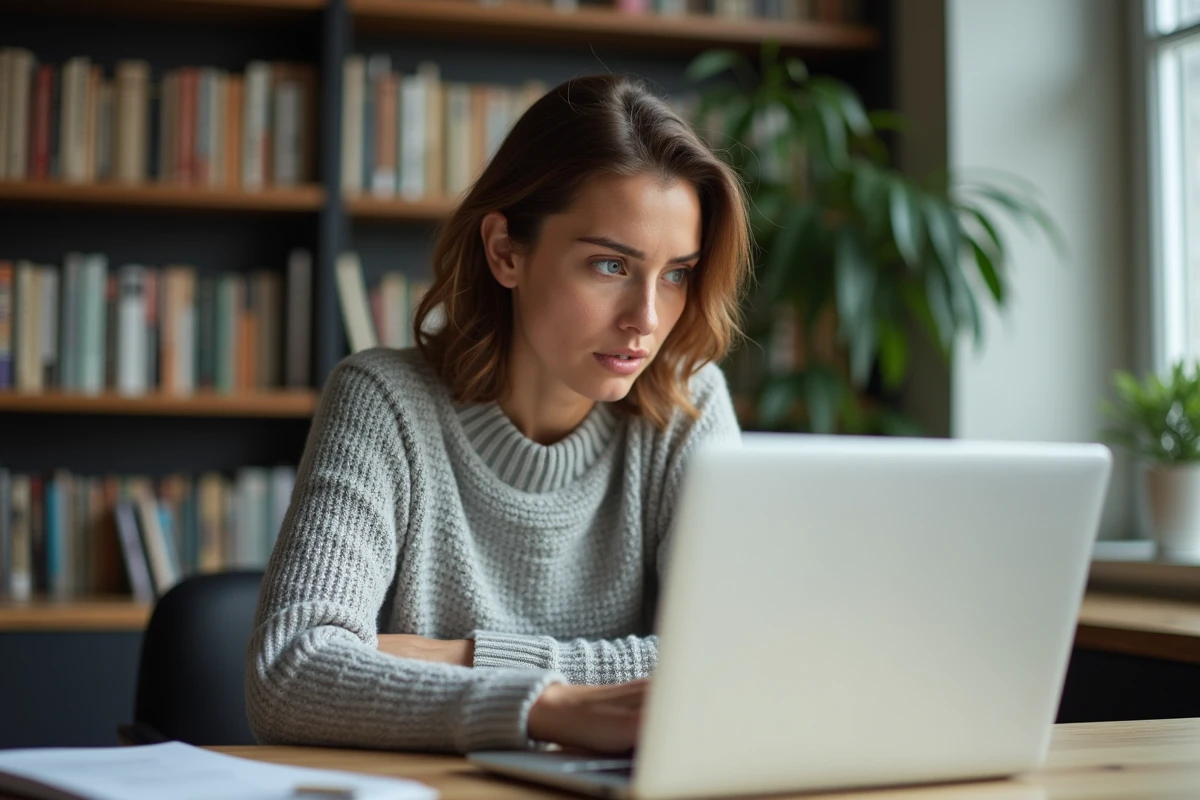 Femme analysant un texte généré par intelligence artificielle sur un ordinateur portable dans un bureau moderne