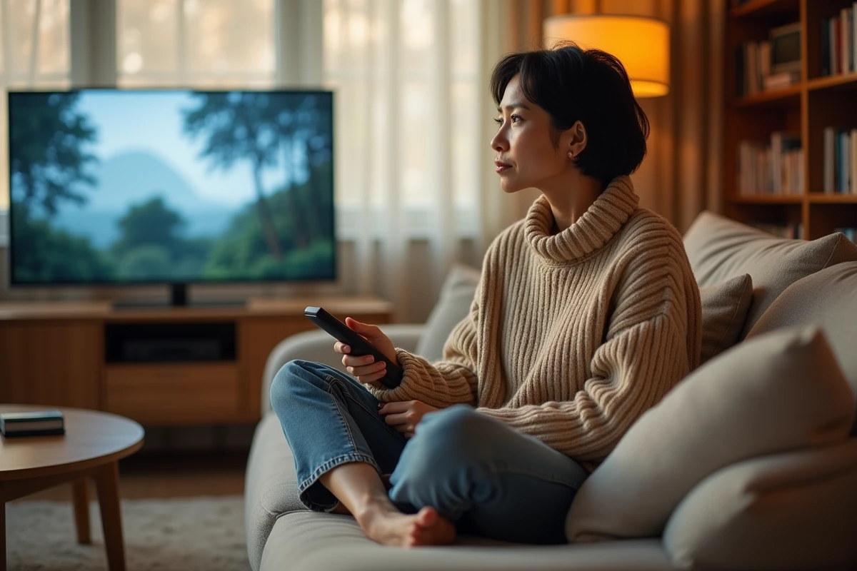 Femme installée sur un canapé regardant un film à la télévision un après-midi, télécommande en main dans un salon cosy
