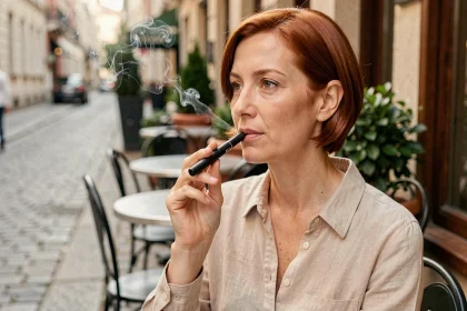 Femme adulte utilisant une cigarette électronique en terrasse de café dans une ville européenne