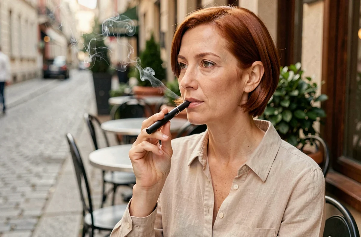 Femme adulte utilisant une cigarette électronique en terrasse de café dans une ville européenne