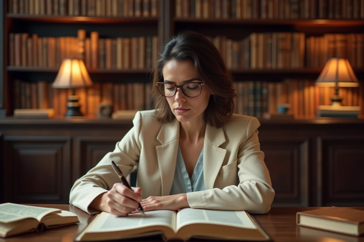 Femme étudiant des citations dans une bibliothèque universitaire classique, entourée de livres ouverts et de notes manuscrites