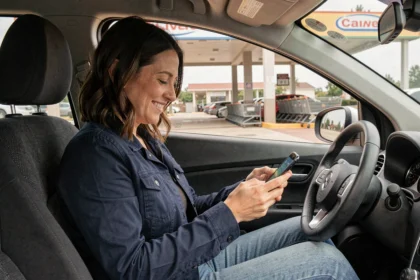 Femme souriante utilisant son smartphone pour valider une commande drive Leclerc depuis sa voiture à Senlis