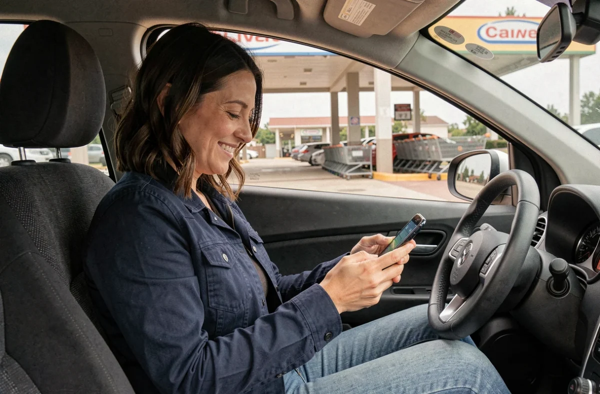 Femme souriante utilisant son smartphone pour valider une commande drive Leclerc depuis sa voiture à Senlis