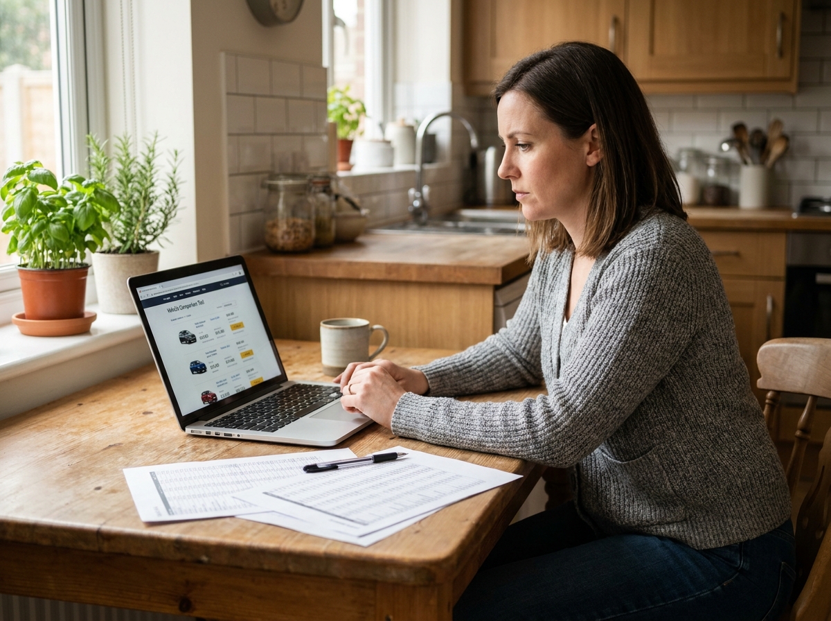 Femme comparant les prix de voitures neuves et d'occasion sur ordinateur avec un budget familial
