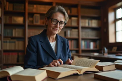 Femme comparant des livres sur l'histoire de la France dans une bibliothèque classique