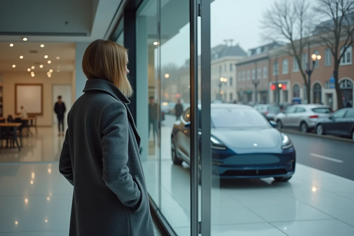 Femme hésitante regardant une voiture électrique exposée dans la vitrine d'un concessionnaire automobile