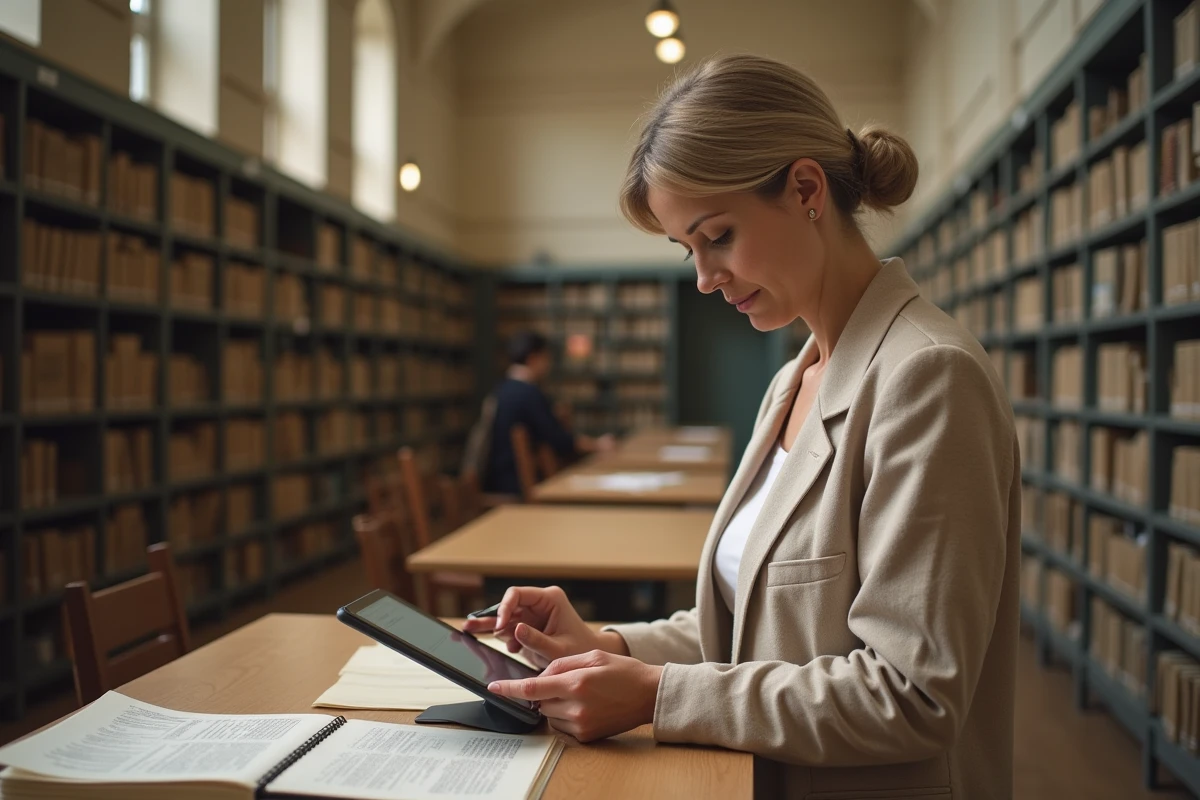 Femme chercheuse consultant des archives papier et numériques dans une salle de lecture officielle