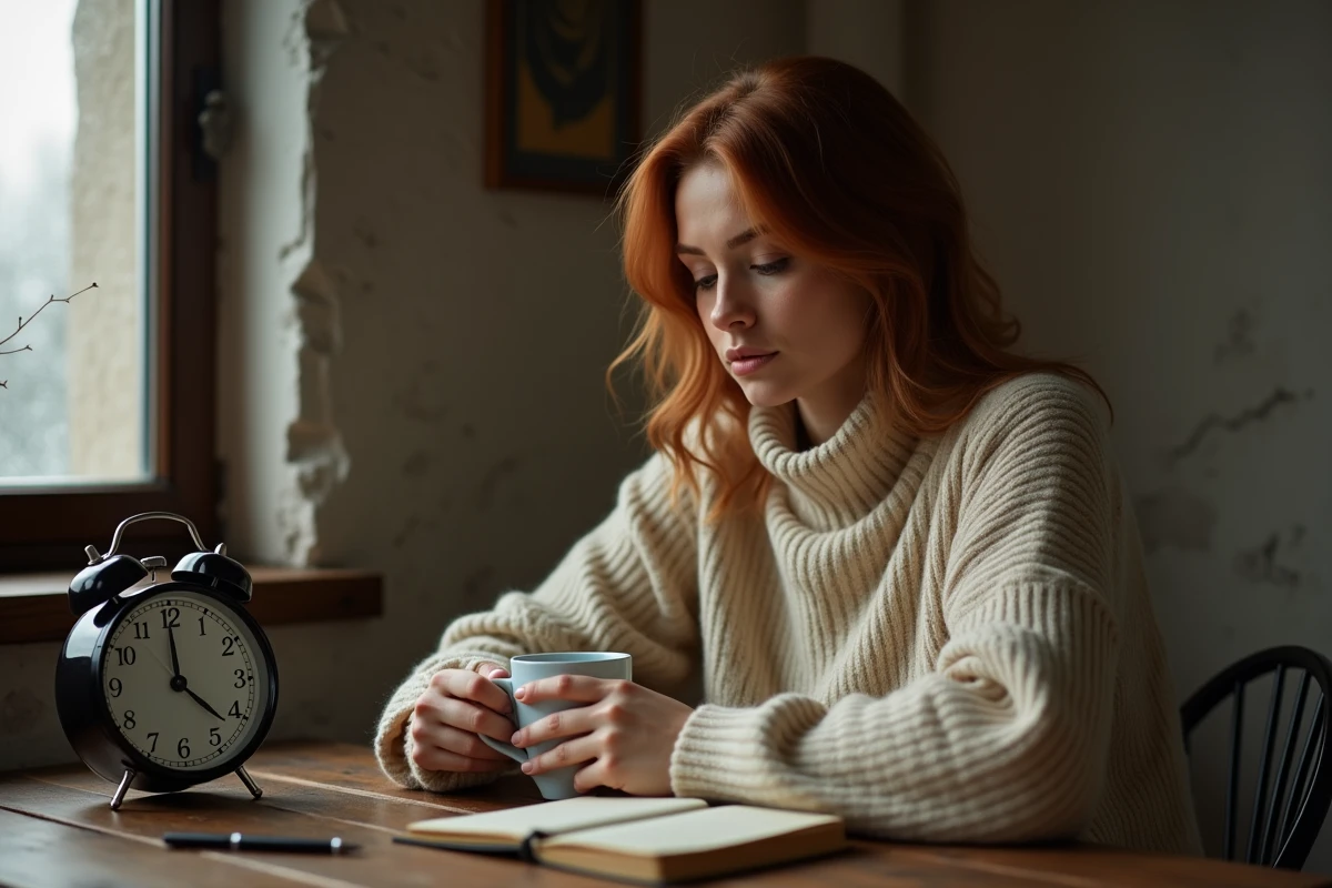 Jeune femme pensive contemplant une horloge affichant 01h10, réfléchissant à la signification de cette heure miroir dans sa vie amoureuse