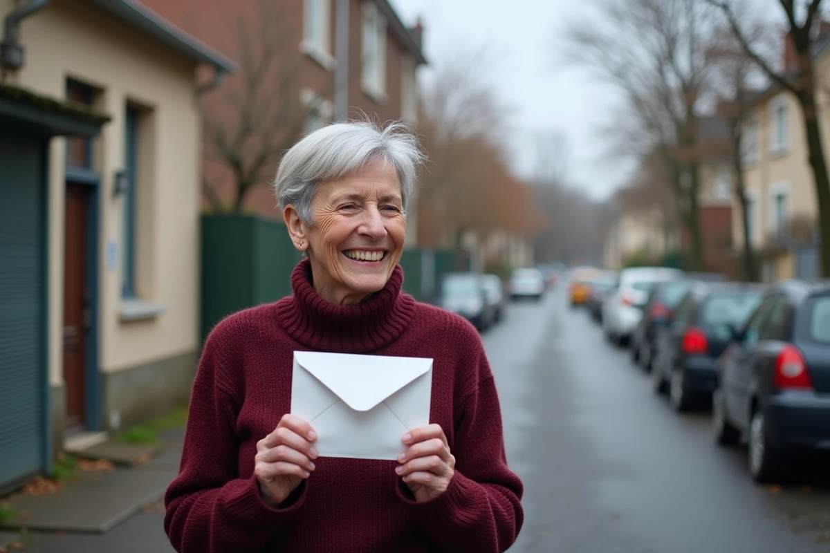 Femme souriante tenant une enveloppe de retraite dans une rue résidentielle française début janvier