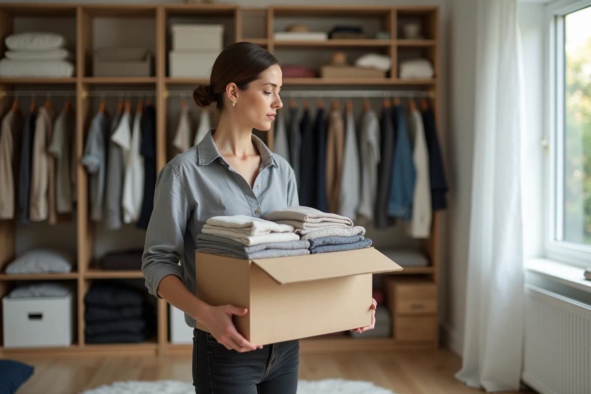 Femme appliquant la règle 90-90 pour désencombrer son armoire en triant ses vêtements dans une chambre épurée