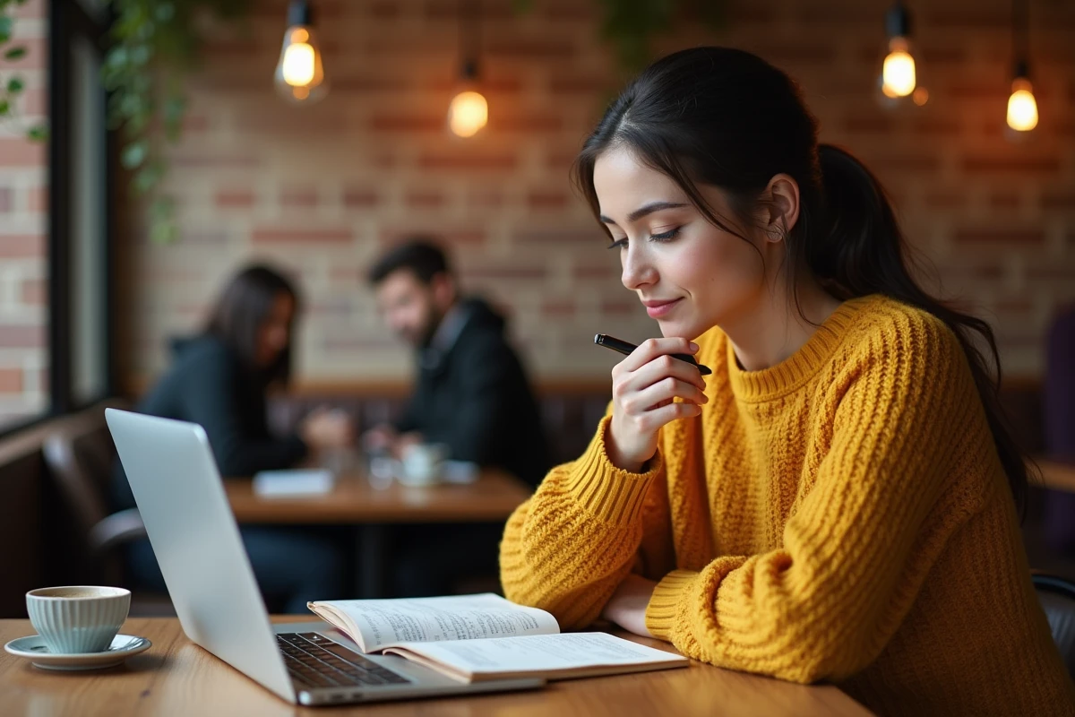 Jeune femme consultant un dictionnaire allemand-français dans un café pour comprendre la traduction d'un terme professionnel