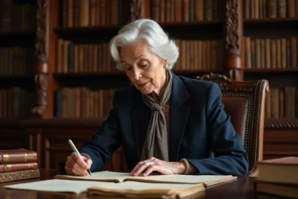 Femme élégante dans un bureau parisien classique examinant des manuscrits, évoquant le prestige académique et littéraire