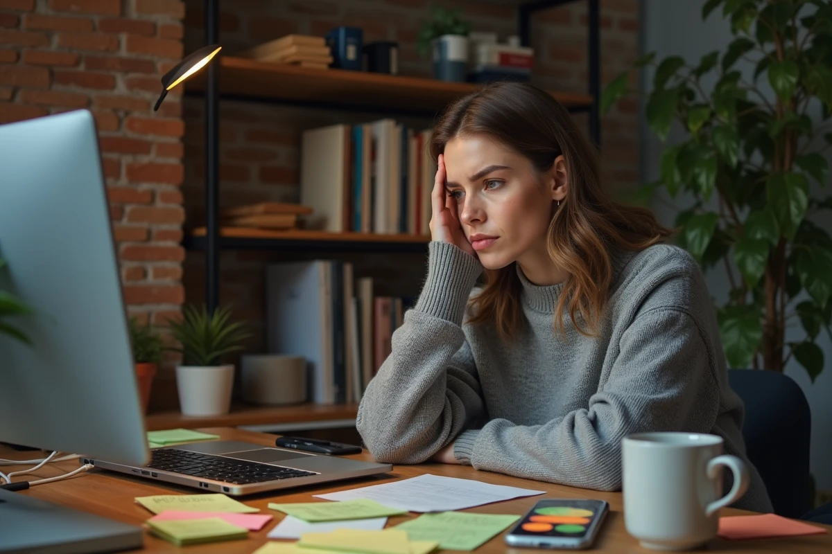 Femme épuisée face à un écran d'ordinateur entouré de notifications de santé numérique à son bureau encombré