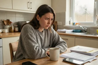 Femme fatiguée devant son café du matin dans une cuisine en désordre, illustrant les petites galères du quotidien