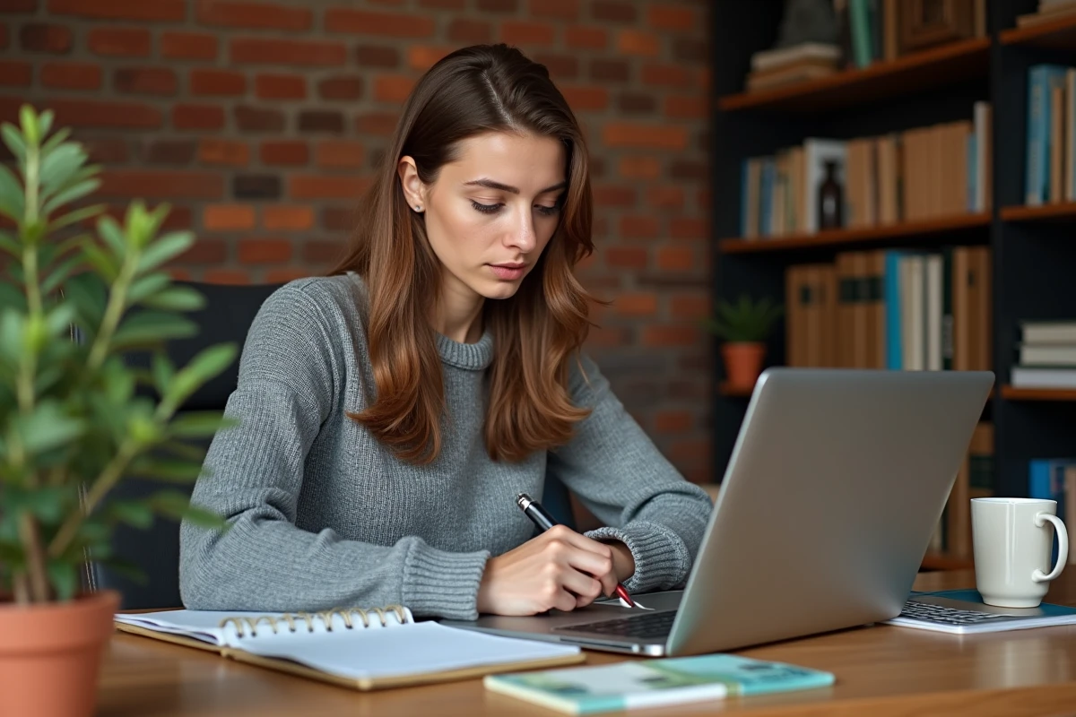 Femme travaillant sur ses finances personnelles à domicile avec des billets d'euros et un ordinateur portable pour gagner un revenu supplémentaire