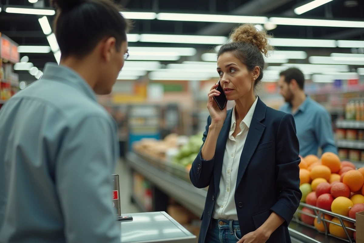 Femme d'âge moyen au téléphone ignore ostensiblement un caissier en supermarché, symbolisant la grossièreté et le manque de savoir-vivre