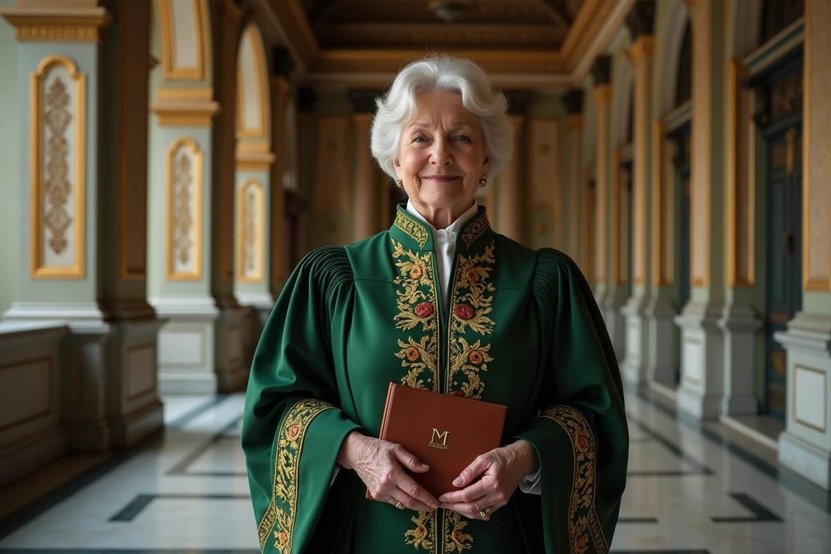 Femme distinguée en habit académique vert brodé tenant un livre cérémoniel dans un grand hall institutionnel doré