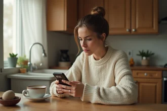 Femme contemplant l'heure 05h55 sur son téléphone le matin, symbolisant la signification amoureuse des heures miroirs