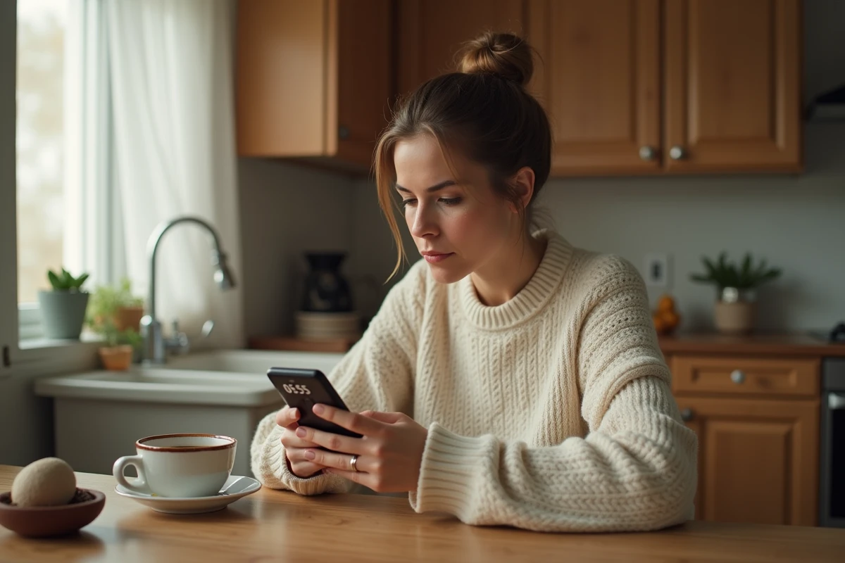 Femme contemplant l'heure 05h55 sur son téléphone le matin, symbolisant la signification amoureuse des heures miroirs