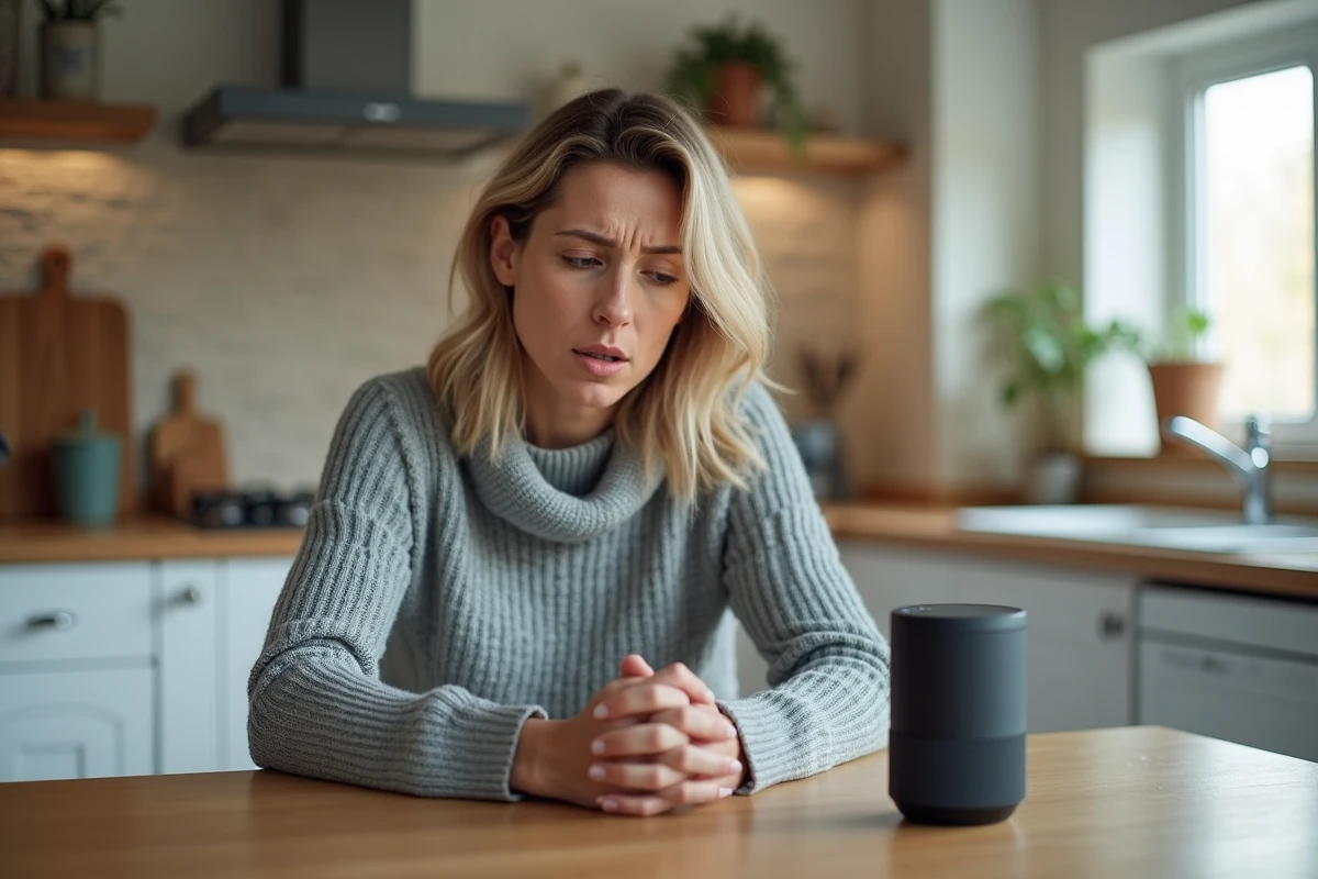 Femme inquiète regardant un assistant vocal connecté dans sa cuisine moderne, symbolisant les risques pour la vie privée des objets connectés