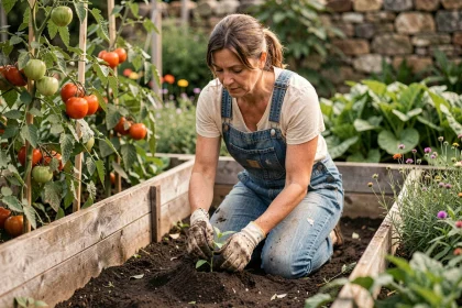 Femme d'âge mûr qui jardine dans un potager, transplantant des plants avec soin, illustrant les bienfaits du jardinage sur la santé mentale