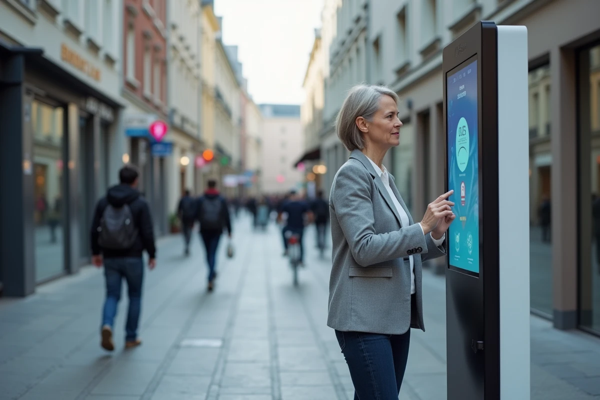 Femme interagissant avec un kiosque numérique intelligent en pleine rue dans une ville moderne