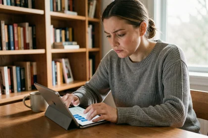 Femme lisant un ebook sur tablette devant un écran affichant un site de téléchargement gratuit, dans un bureau à domicile