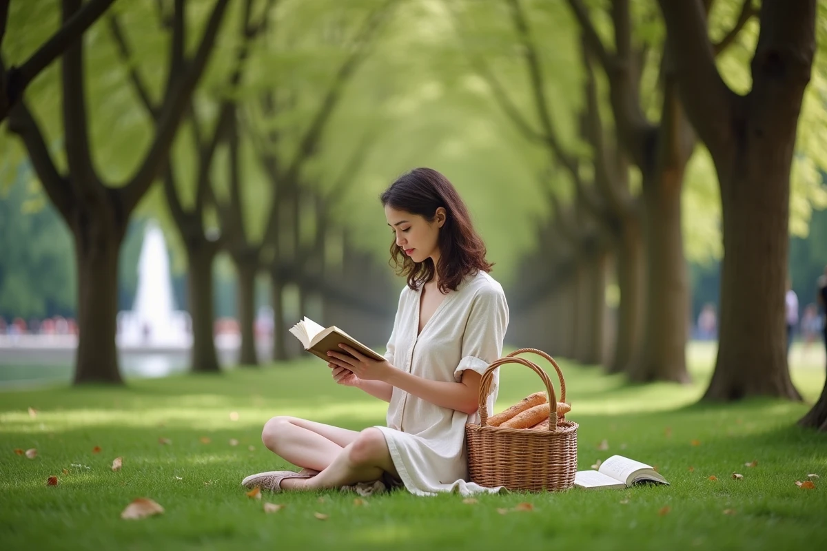 Jeune femme lisant un livre sur la pelouse d'un parc parisien par beau temps