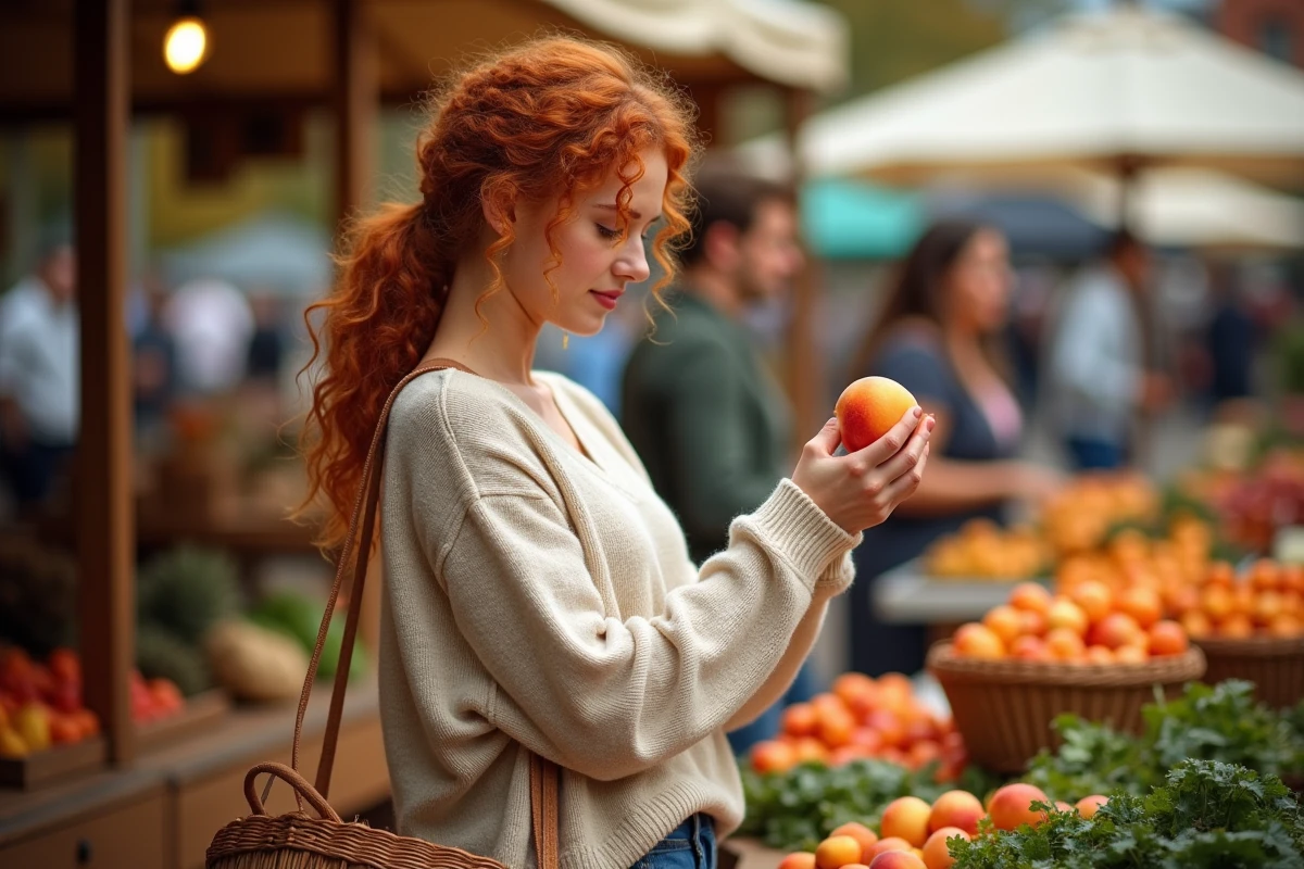 Jeune femme choisissant des fruits frais au marché en pratiquant l'alimentation intuitive